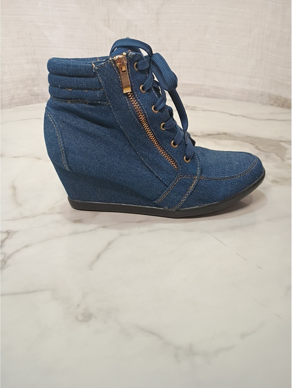 Women's Fashion Trendy  Ankle  Wedge Lace UP Sneaker Booties Denim New 8 1/2